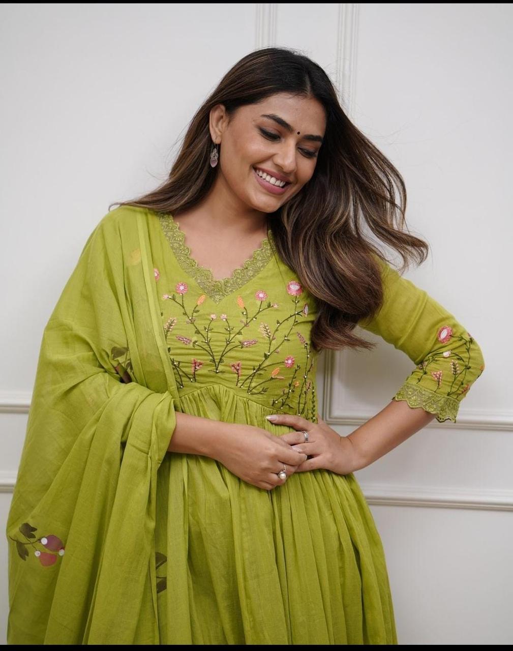 Olive Green Embroidered Anarkali