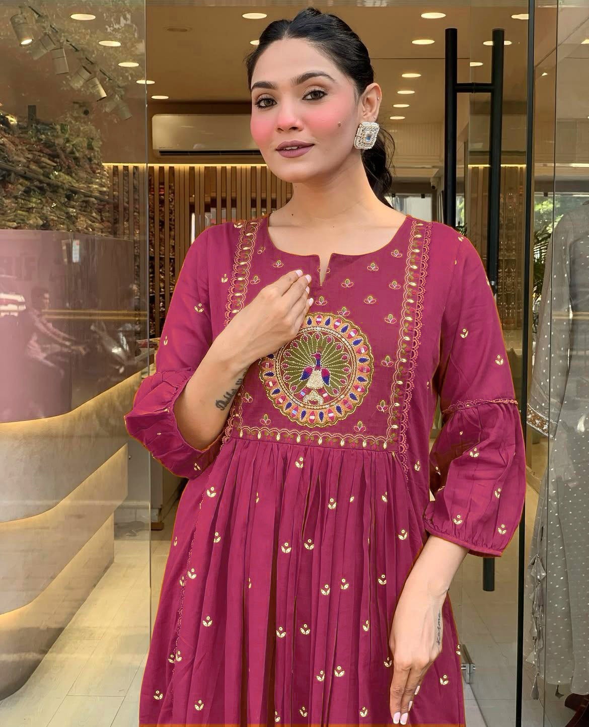 Berry Embroidered Peacock Anarkali set