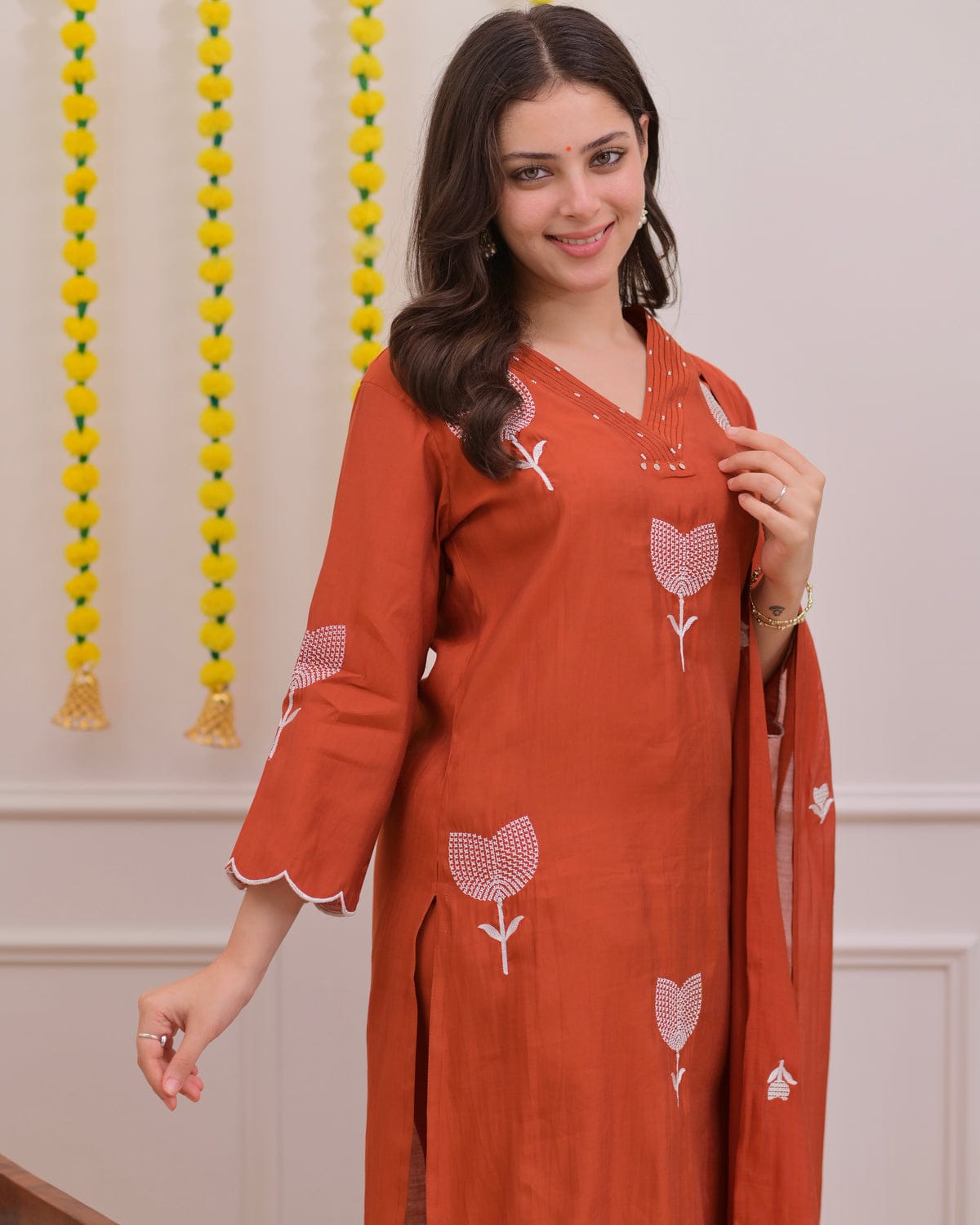 Orange bloom thread embroidered 3pc kurta set
