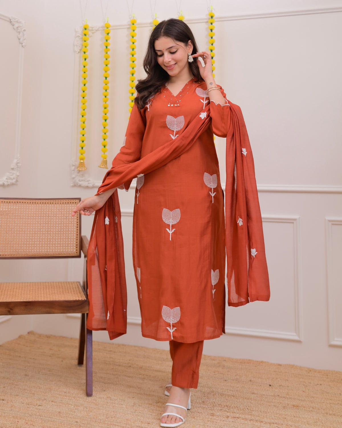 Orange bloom thread embroidered 3pc kurta set