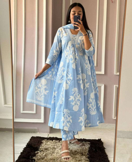 Pure Cotton Kurti With Pant & Dupatta Set