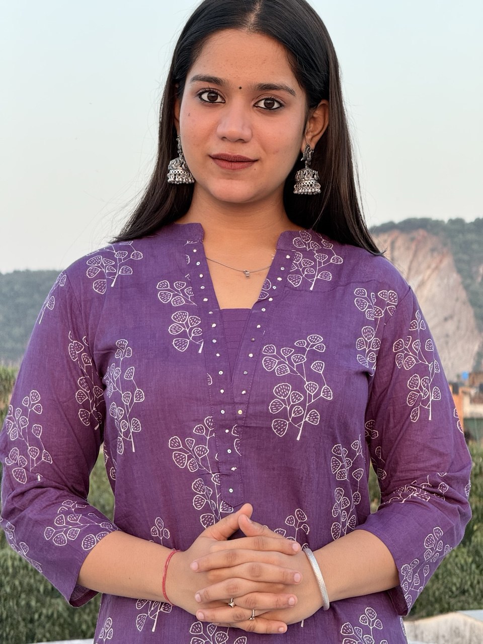 Purple floral printed 3pc kurta set